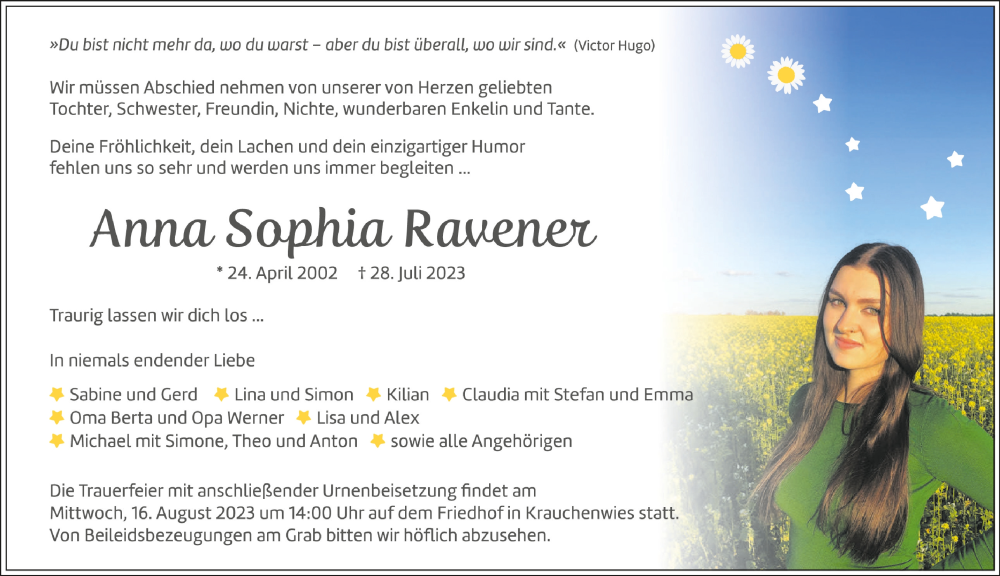  Traueranzeige für Anna Sophia Ravener vom 12.08.2023 aus Schwäbische Zeitung