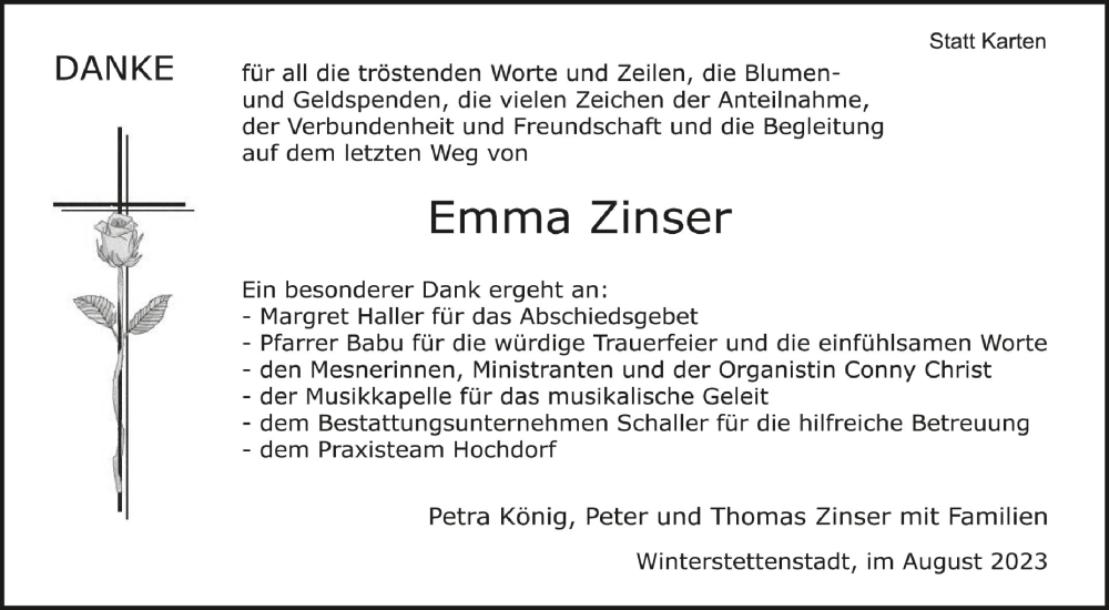  Traueranzeige für Emma Zinser vom 05.08.2023 aus Schwäbische Zeitung