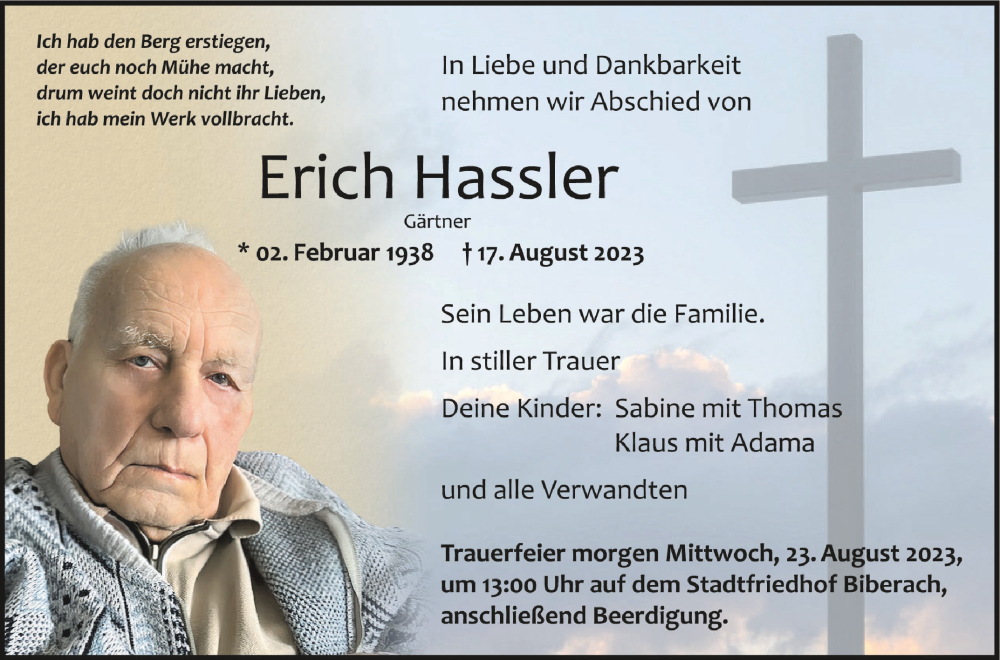  Traueranzeige für Erich Hassler vom 22.08.2023 aus Schwäbische Zeitung