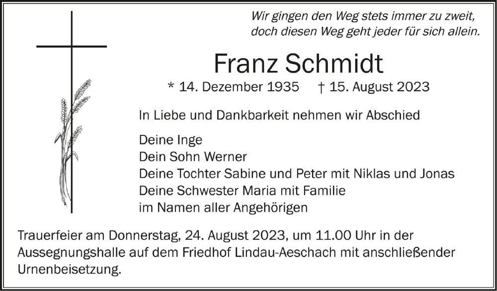  Traueranzeige für Franz Schmidt vom 19.08.2023 aus Schwäbische Zeitung