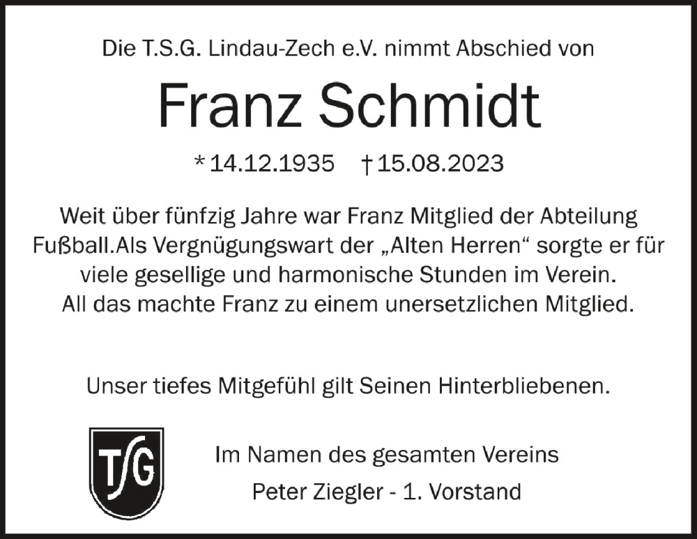  Traueranzeige für Franz Schmidt vom 24.08.2023 aus Schwäbische Zeitung