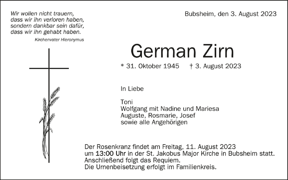  Traueranzeige für German Zirn vom 09.08.2023 aus Schwäbische Zeitung