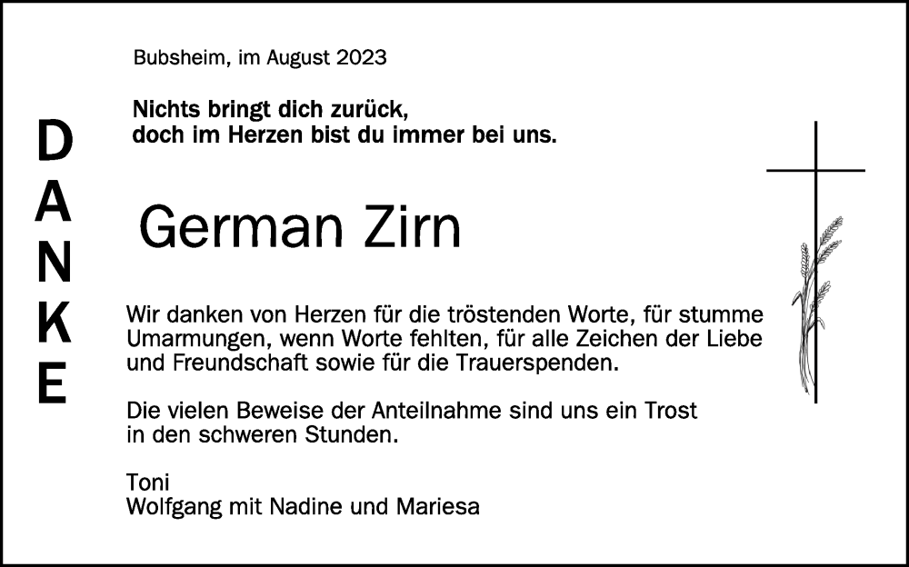  Traueranzeige für German Zirn vom 19.08.2023 aus Schwäbische Zeitung