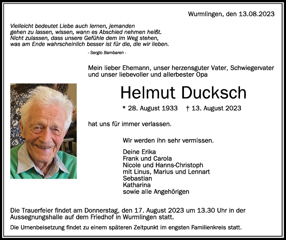  Traueranzeige für Helmut Ducksch vom 15.08.2023 aus Schwäbische Zeitung