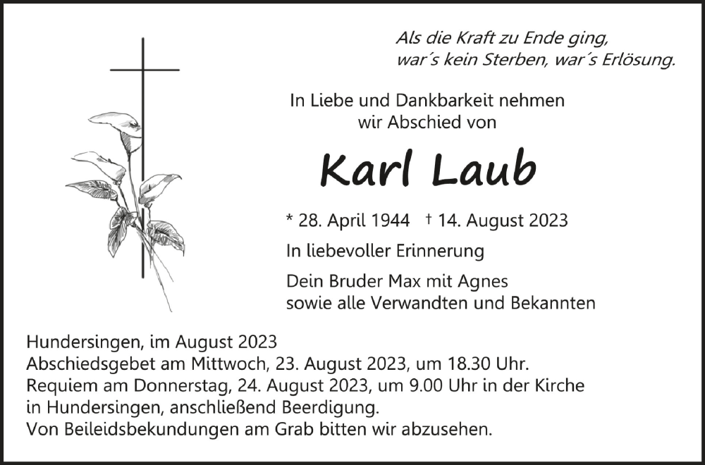  Traueranzeige für Karl Laub vom 19.08.2023 aus Schwäbische Zeitung