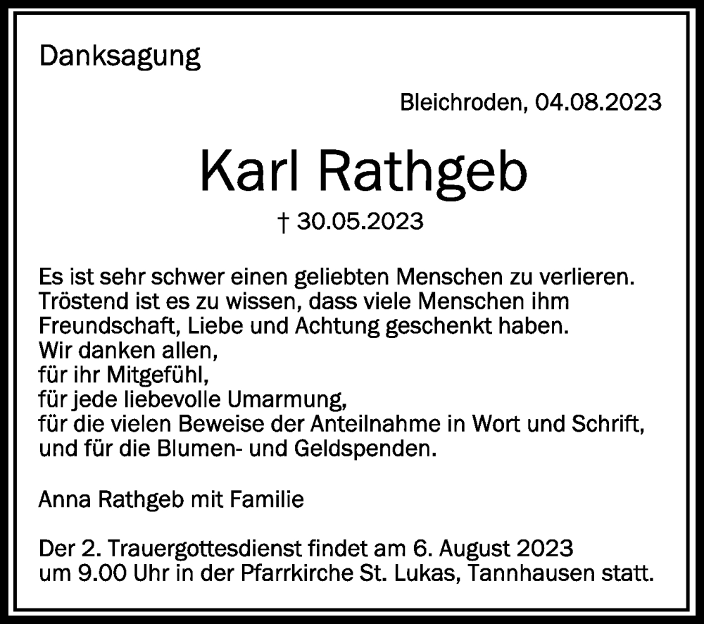  Traueranzeige für Karl Rathgeb vom 04.08.2023 aus Schwäbische Zeitung