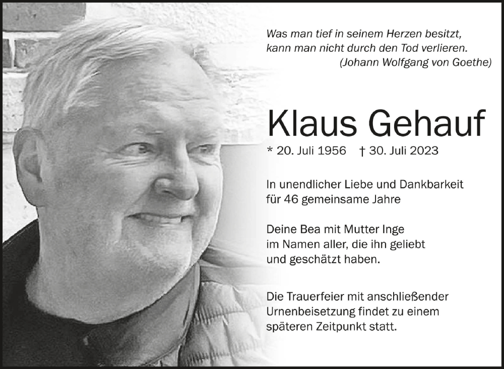  Traueranzeige für Klaus Gehauf vom 05.08.2023 aus Schwäbische Zeitung