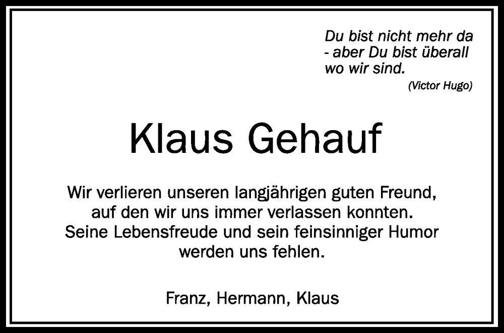  Traueranzeige für Klaus Gehauf vom 08.08.2023 aus Schwäbische Zeitung