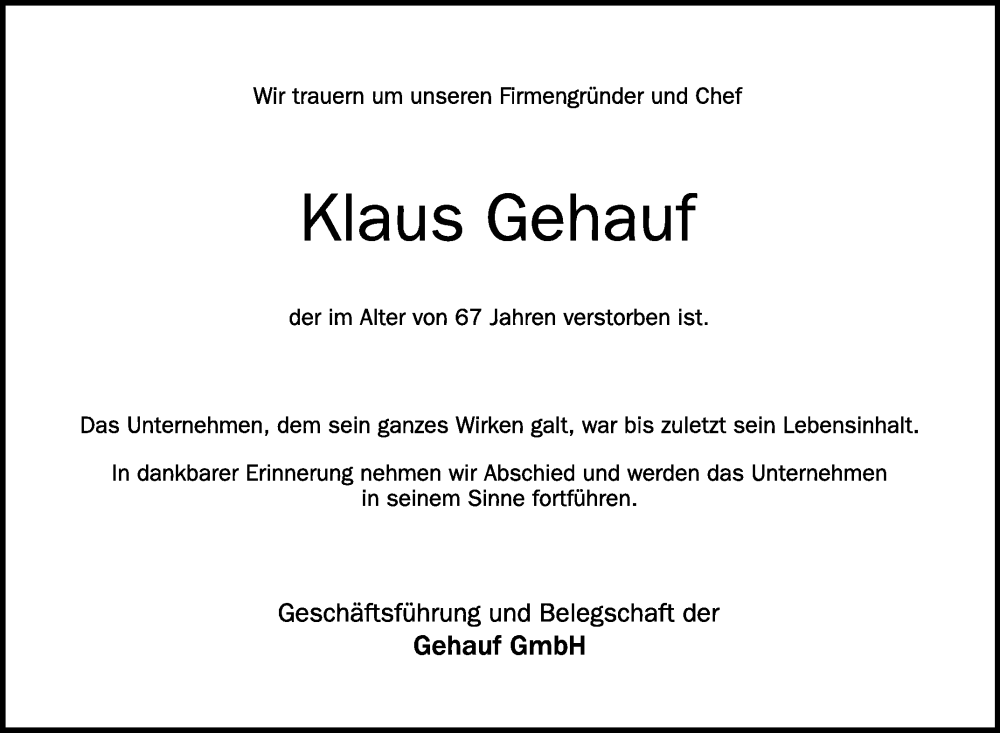  Traueranzeige für Klaus Gehauf vom 19.08.2023 aus Schwäbische Zeitung