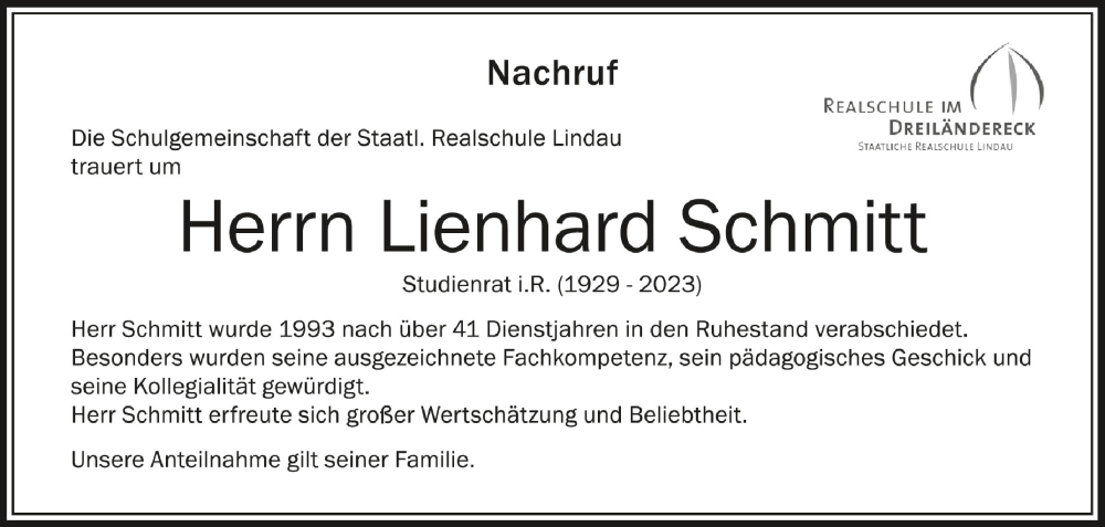  Traueranzeige für Lienhard Schmitt vom 23.08.2023 aus Schwäbische Zeitung