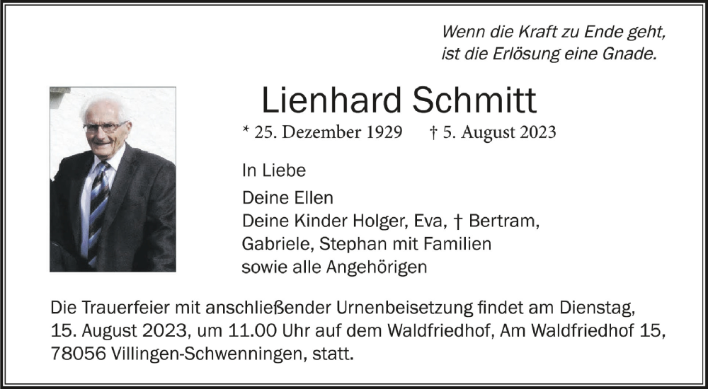  Traueranzeige für Lienhard Schmitt vom 11.08.2023 aus Schwäbische Zeitung