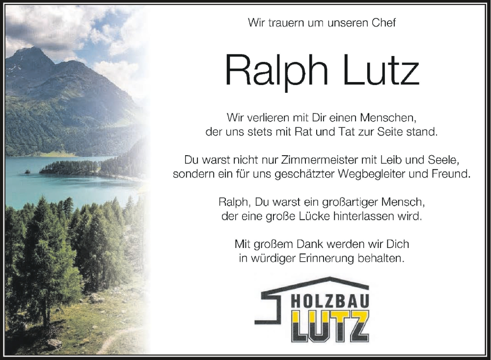  Traueranzeige für Ralph Lutz vom 05.08.2023 aus Schwäbische Zeitung