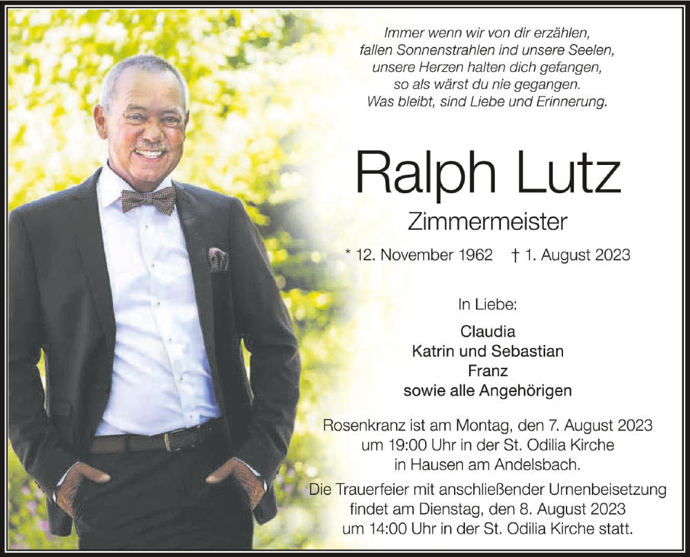  Traueranzeige für Ralph Lutz vom 05.08.2023 aus Schwäbische Zeitung