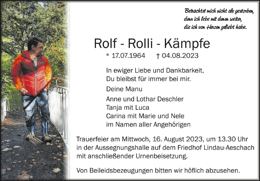  Traueranzeige für Rolf Kämpfe vom 12.08.2023 aus Schwäbische Zeitung