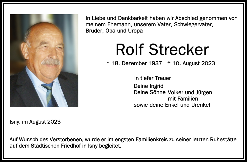  Traueranzeige für Rolf Strecker vom 19.08.2023 aus Schwäbische Zeitung