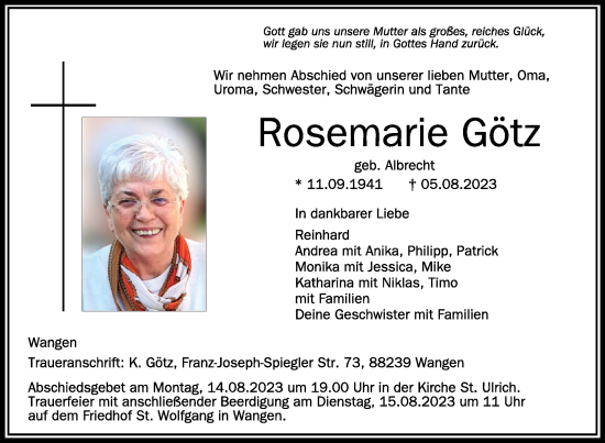 Traueranzeigen von Rosemarie Götz | schwaebische.de Trauerportal