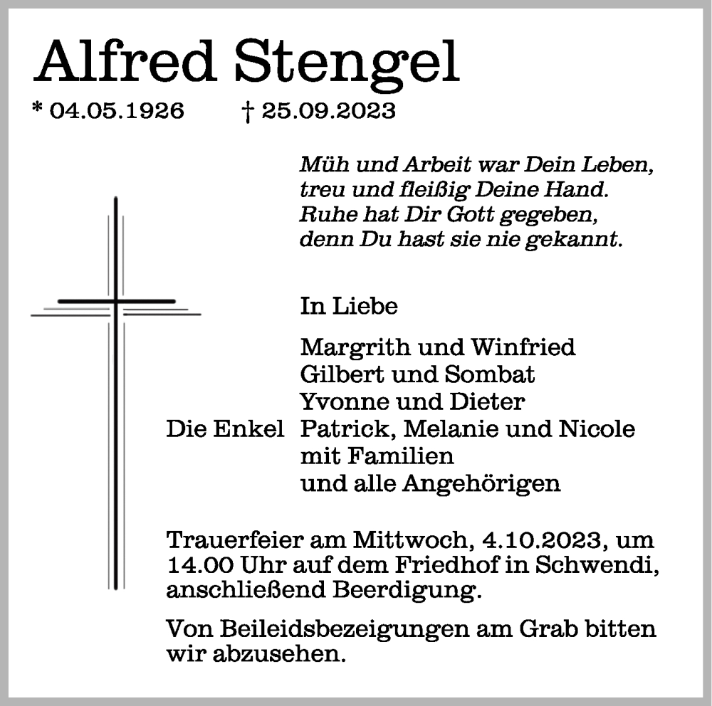  Traueranzeige für Alfred Stengel vom 30.09.2023 aus Schwäbische Zeitung