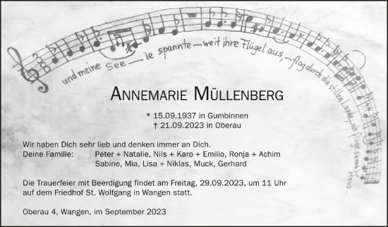 Anzeige von Annemarie Müllenberg von Schwäbische Zeitung