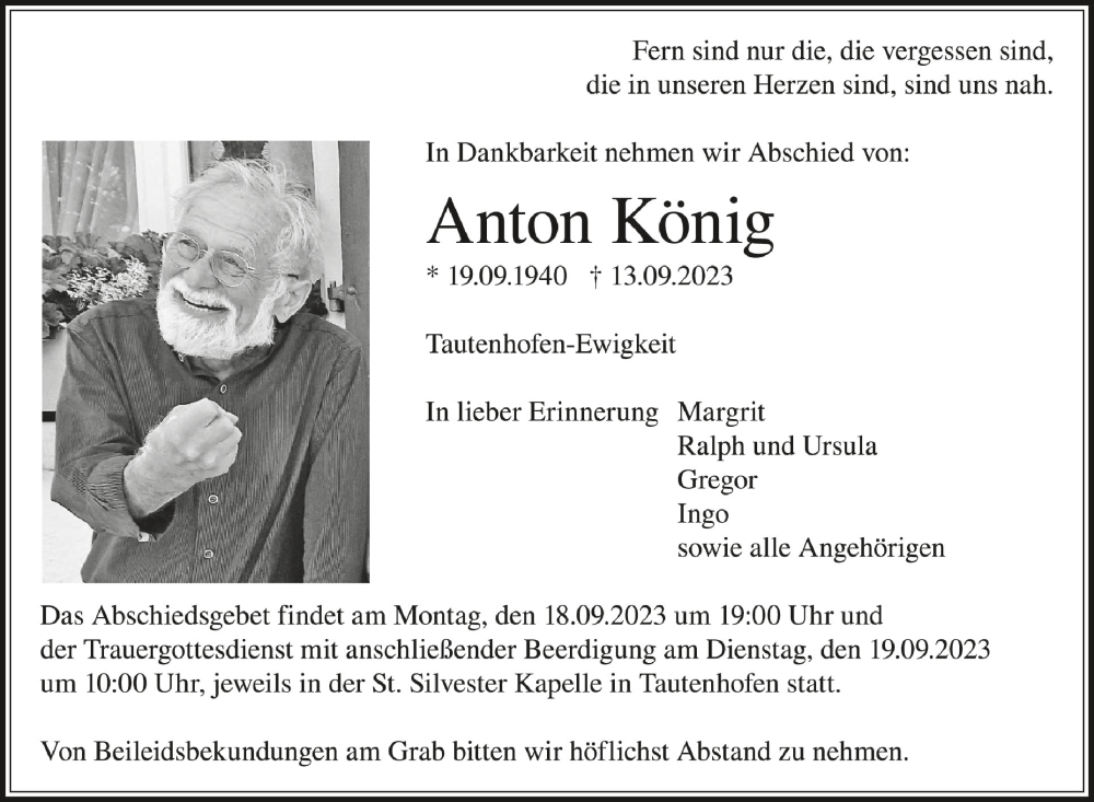 Traueranzeige für Anton König vom 16.09.2023 aus Schwäbische Zeitung