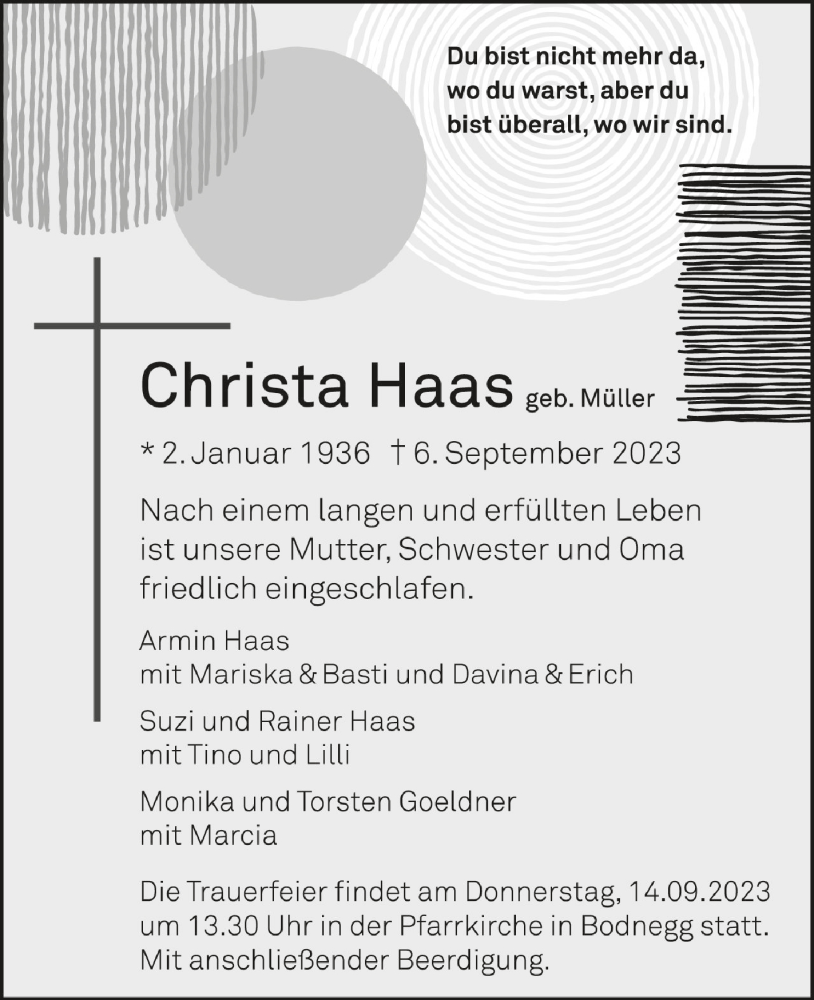  Traueranzeige für Christa Haas vom 12.09.2023 aus Schwäbische Zeitung