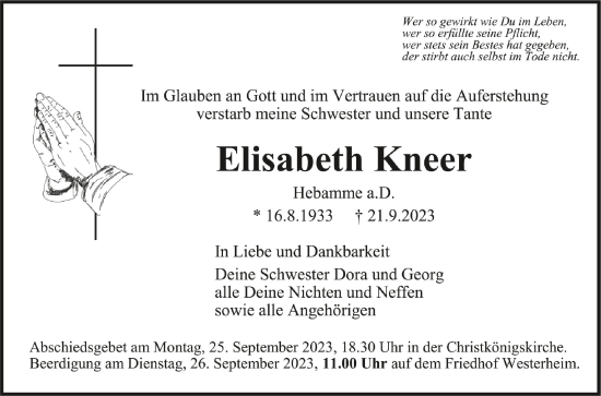 Anzeige von Elisabeth Kneer von Schwäbische Zeitung