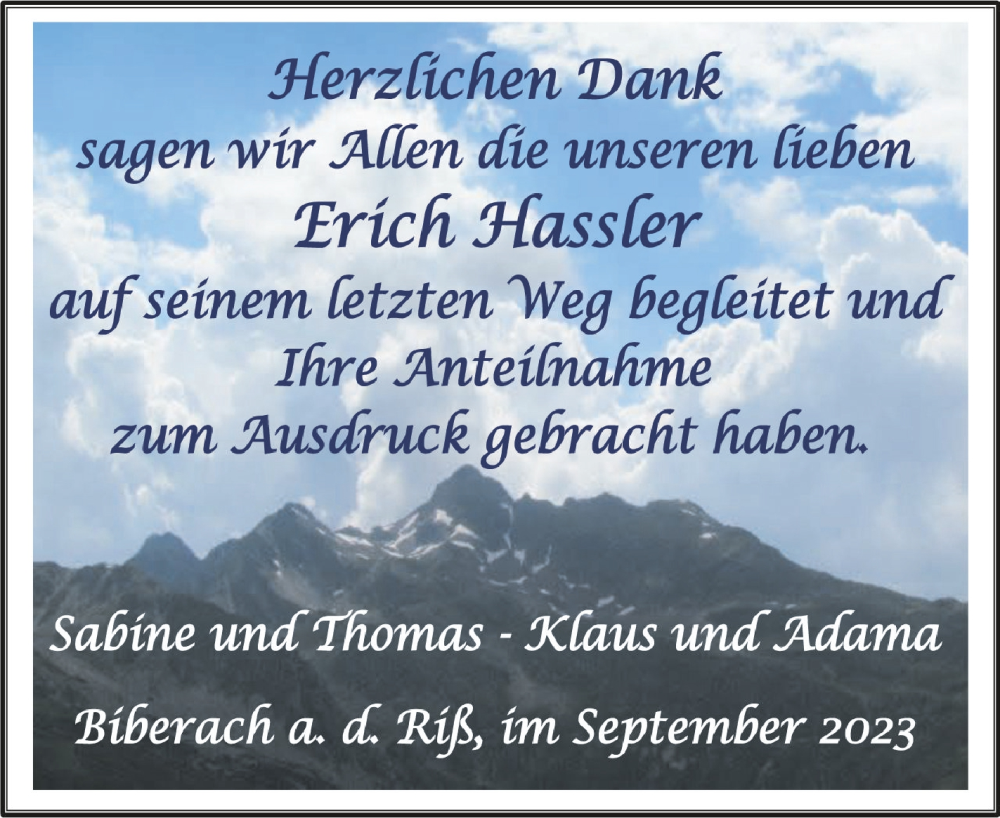  Traueranzeige für Erich Hassler vom 26.09.2023 aus Schwäbische Zeitung