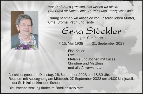 Anzeige von Erna Stöckler von Schwäbische Zeitung