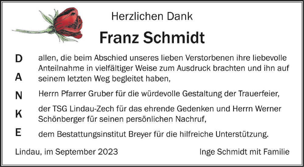  Traueranzeige für Franz Schmidt vom 02.09.2023 aus Schwäbische Zeitung