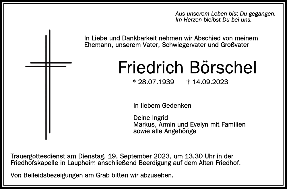  Traueranzeige für Friedrich Börschel vom 16.09.2023 aus Schwäbische Zeitung