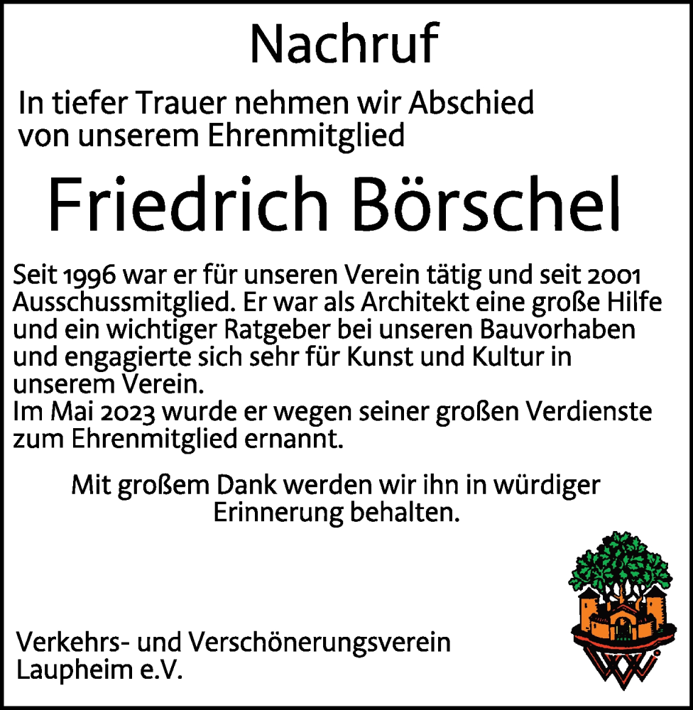  Traueranzeige für Friedrich Börschel vom 19.09.2023 aus Schwäbische Zeitung