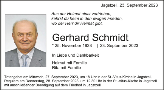 Anzeige von Gerhard Schmidt von Schwäbische Zeitung