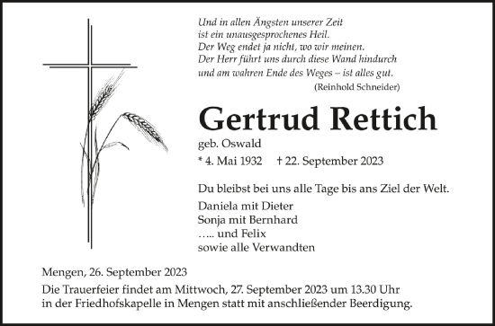 Anzeige von Gertrud Rettich von Schwäbische Zeitung