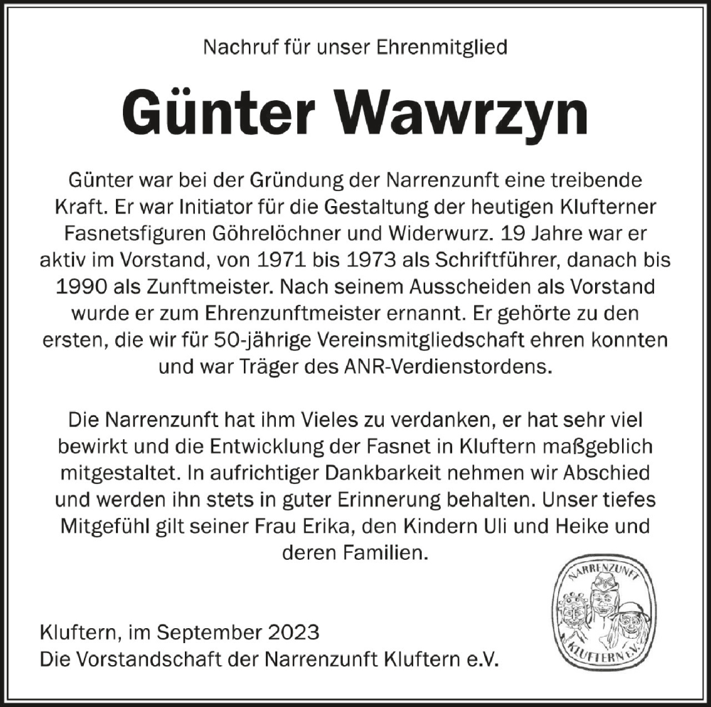 Traueranzeige für Günter Wawrzyn vom 21.09.2023 aus Schwäbische Zeitung