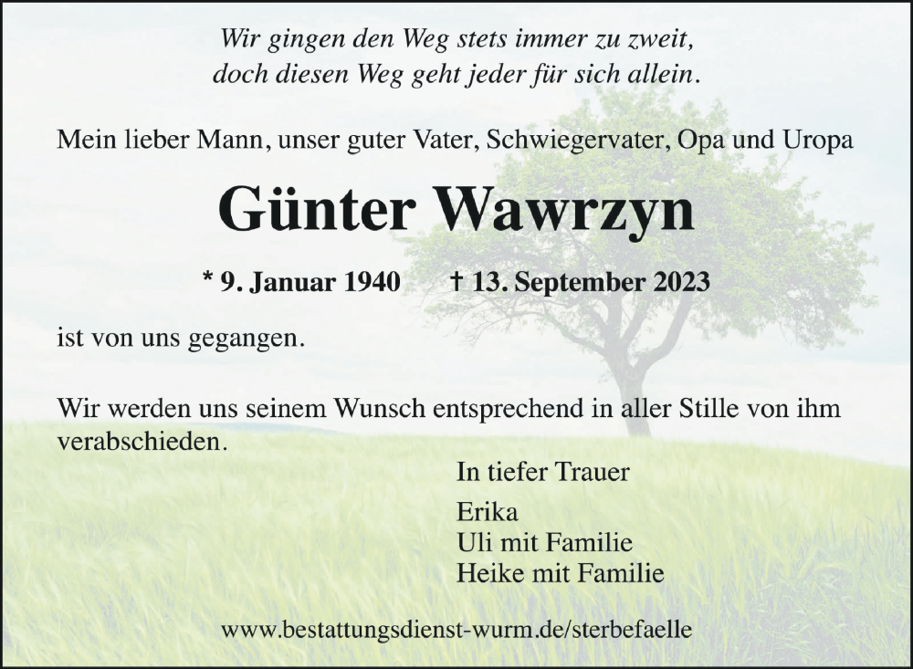  Traueranzeige für Günter Wawrzyn vom 16.09.2023 aus Schwäbische Zeitung