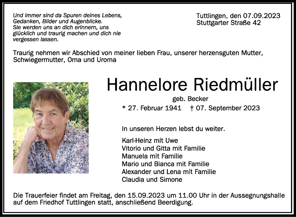  Traueranzeige für Hannelore Riedmüller vom 12.09.2023 aus Schwäbische Zeitung