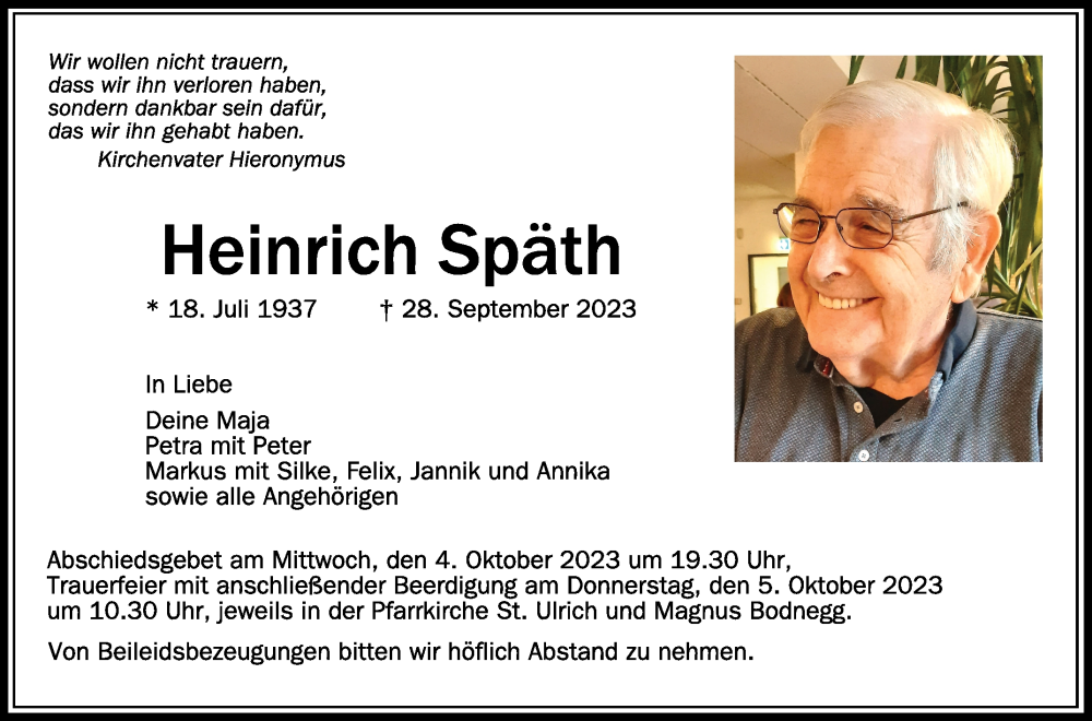  Traueranzeige für Heinrich Späth vom 30.09.2023 aus Schwäbische Zeitung