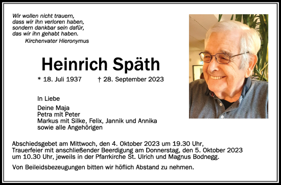 Anzeige von Heinrich Späth von Schwäbische Zeitung