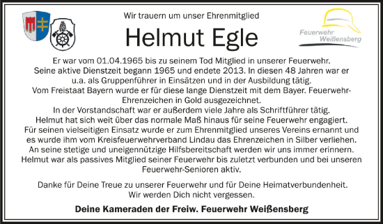 Anzeige von Helmut Egle von Schwäbische Zeitung
