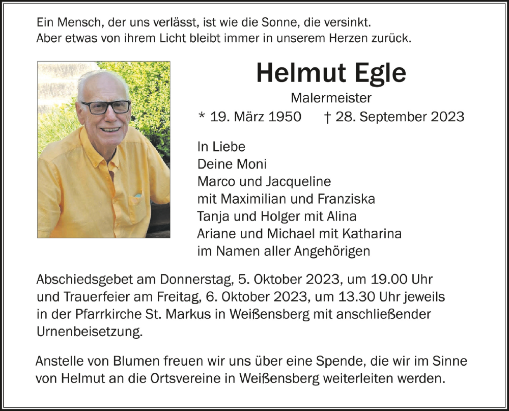  Traueranzeige für Helmut Egle vom 30.09.2023 aus Schwäbische Zeitung