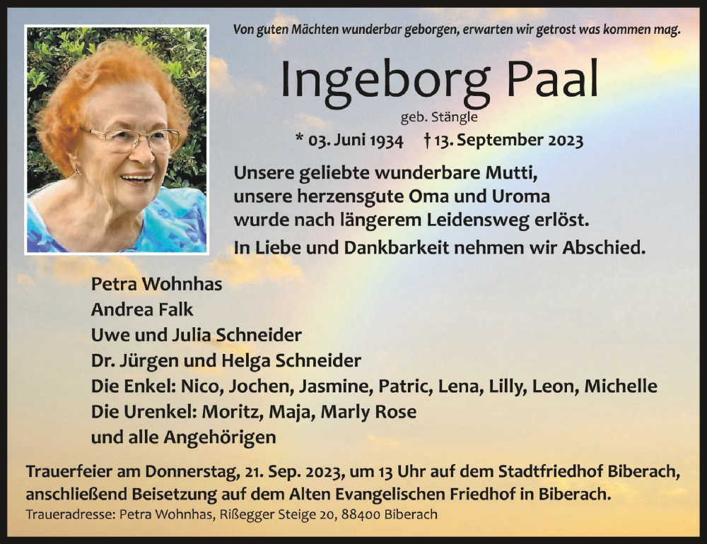  Traueranzeige für Ingeborg Paal vom 16.09.2023 aus Schwäbische Zeitung