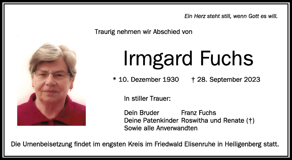  Traueranzeige für Irmgard Fuchs vom 30.09.2023 aus Schwäbische Zeitung