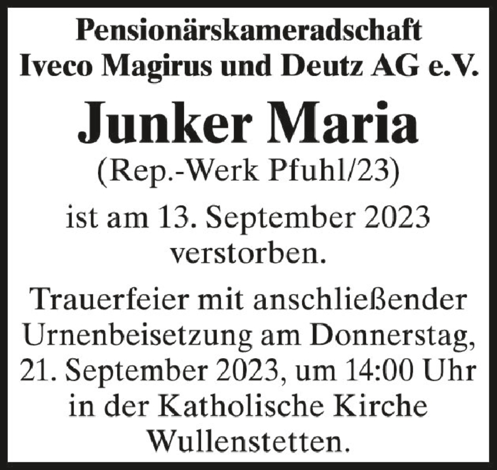  Traueranzeige für Junker Maria vom 16.09.2023 aus Schwäbische Zeitung