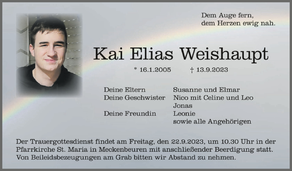  Traueranzeige für Kai Elias Weishaupt vom 20.09.2023 aus Schwäbische Zeitung
