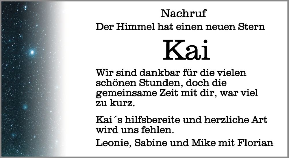  Traueranzeige für Kai Elias Weishaupt vom 20.09.2023 aus Schwäbische Zeitung