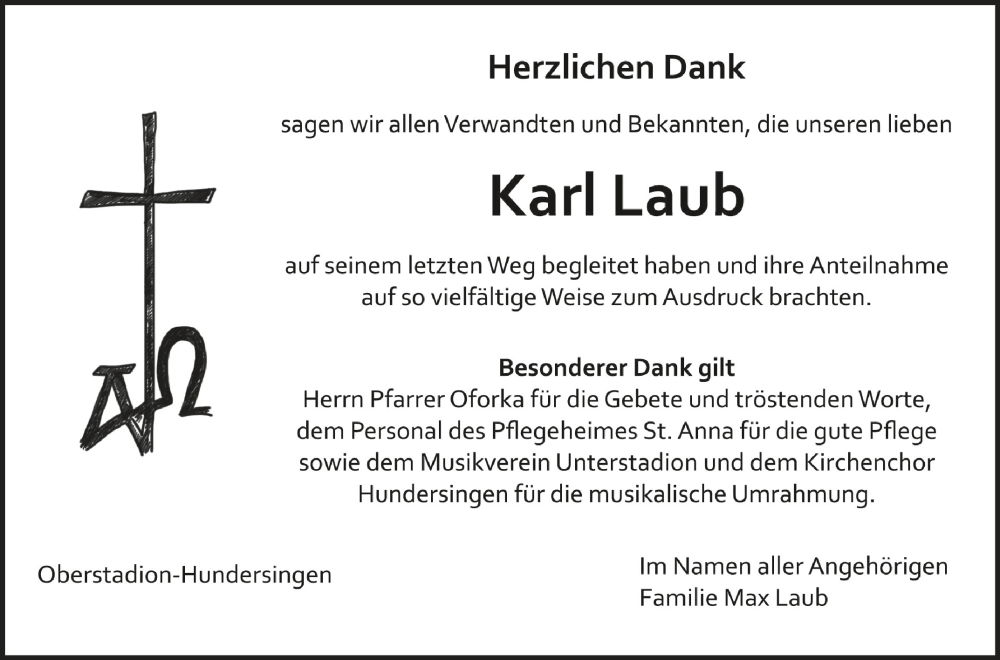  Traueranzeige für Karl Laub vom 02.09.2023 aus Schwäbische Zeitung