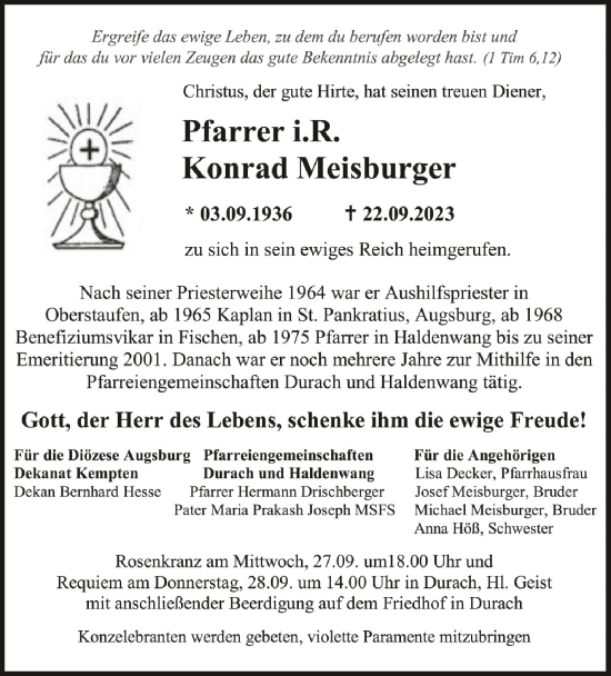 Anzeige von Konrad Meisburger von Schwäbische Zeitung