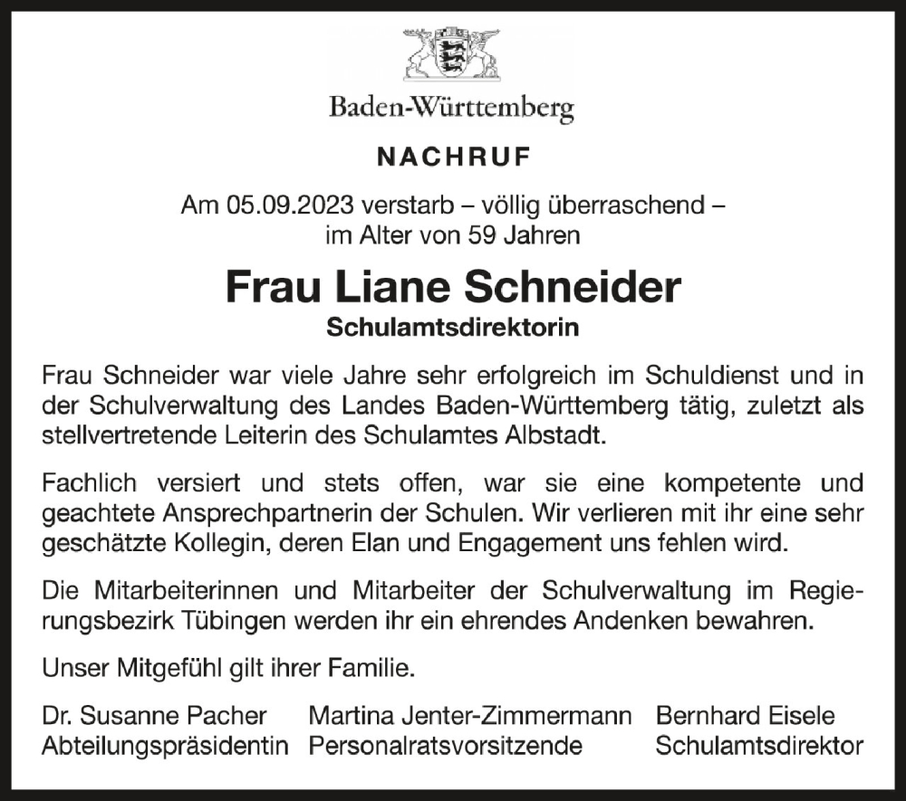  Traueranzeige für Liane Schneider vom 16.09.2023 aus Schwäbische Zeitung