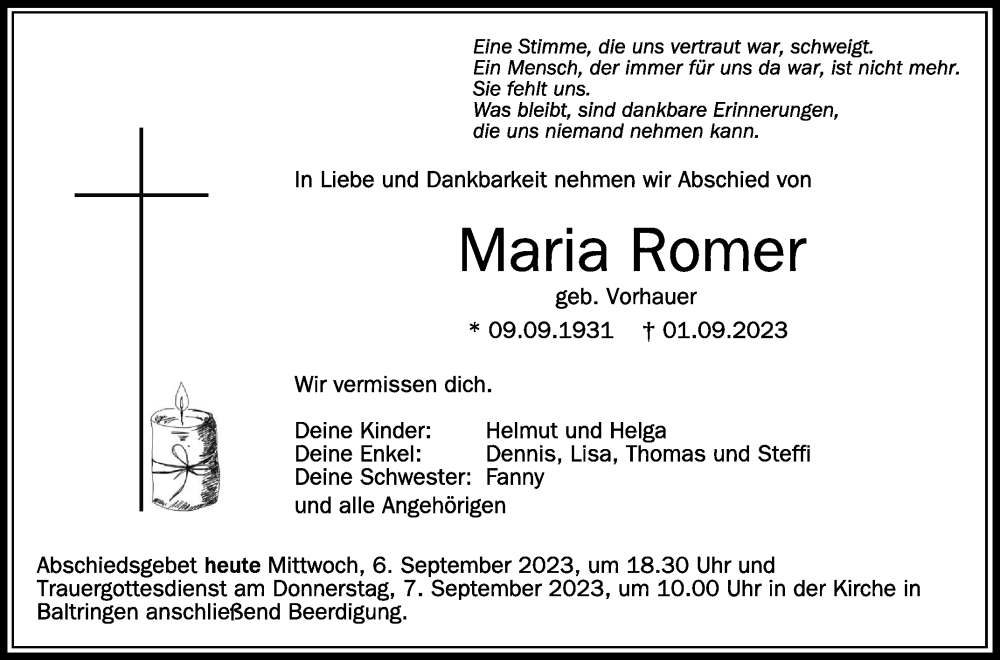  Traueranzeige für Maria Romer vom 06.09.2023 aus Schwäbische Zeitung