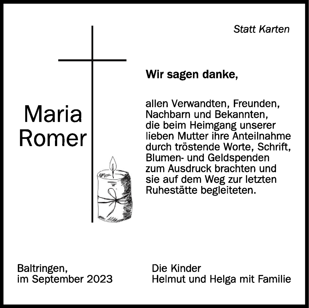  Traueranzeige für Maria Romer vom 22.09.2023 aus Schwäbische Zeitung