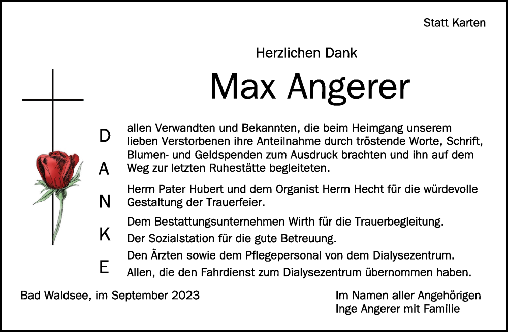  Traueranzeige für Max Angerer vom 23.09.2023 aus Schwäbische Zeitung